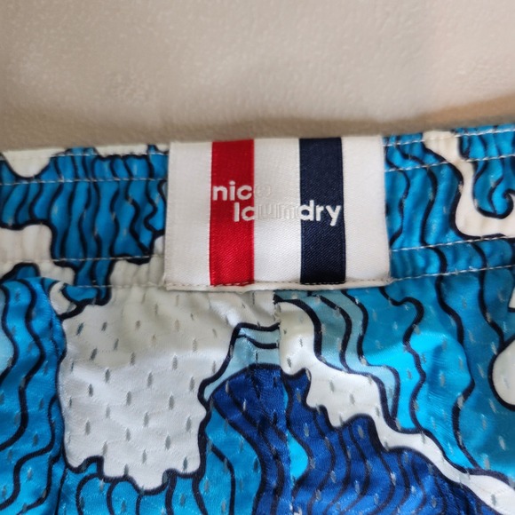 Nice Laundry Mens Mesh Lounge Shorts Blue Great Wave Print Size Medium Lining - Picture 2 of 7